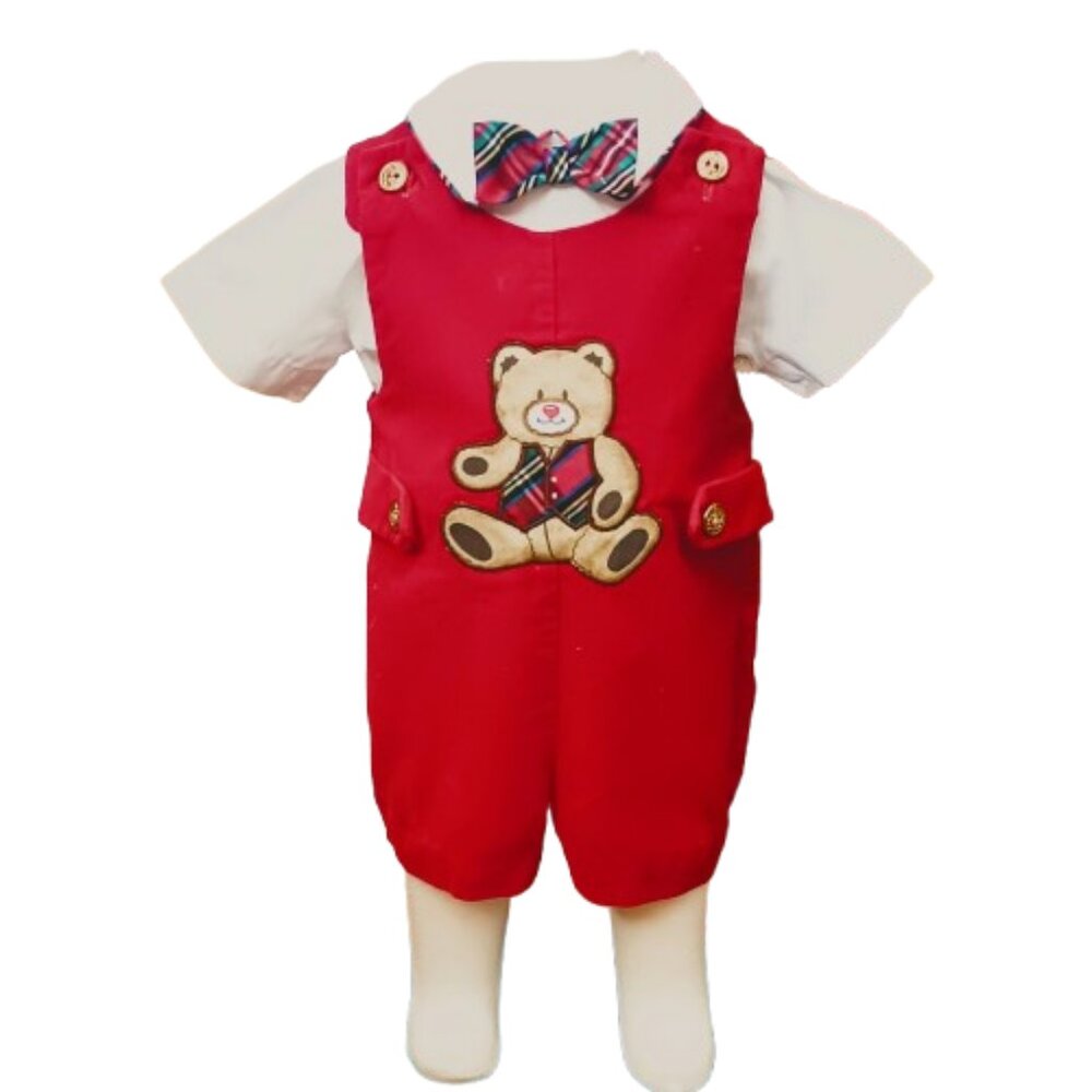 Vintage Baby Red Velvet Romper Set 6-9m White Shirt with Bow Tie Bear Applique